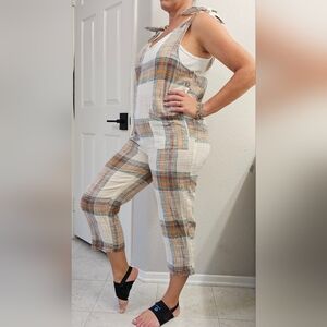 Cute Small Free People Brown Plaid Overalls With Tie Shoulder Strap Side Buttons